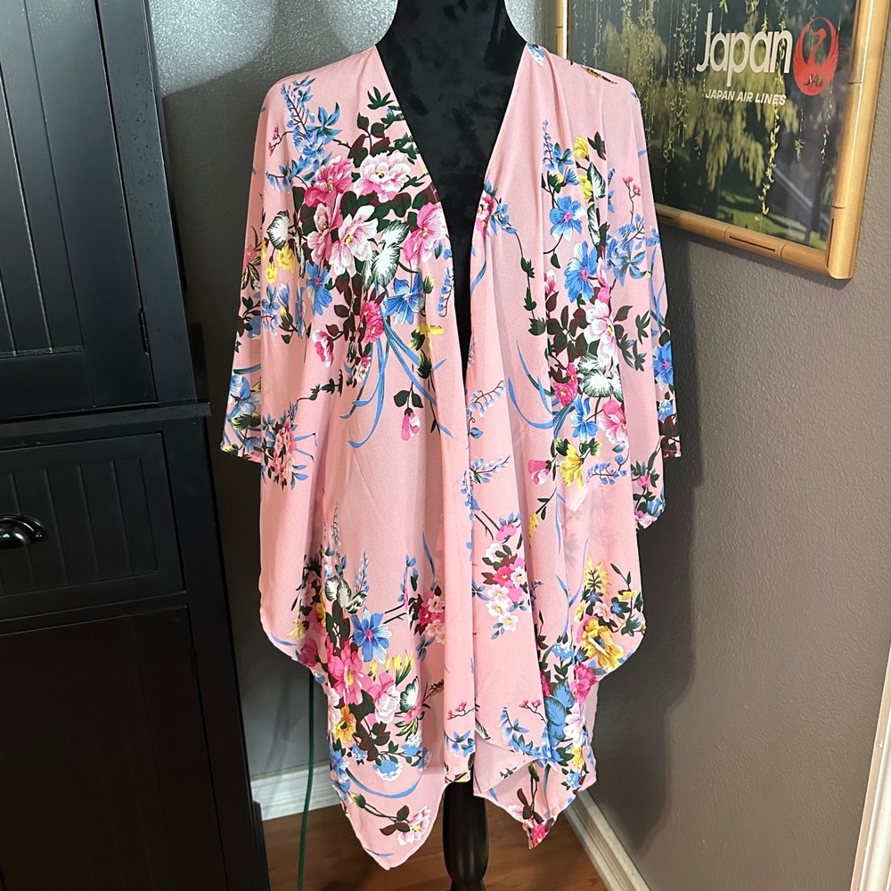 Umgee USA Pink Floral Open Front Kimono Cardigan S/M Boho Duster Cottagecore